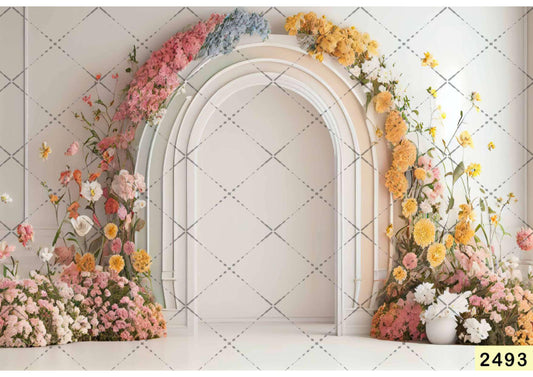 Fabric Backdrop- White Room With Arch And Flowers In The Wall Backdrop