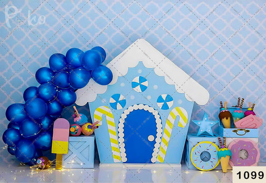 Blue Balloon With Candy House Birthday Backdrop