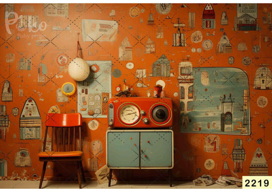 Fabric backdrop-Red Radio Retro Room Backdrop