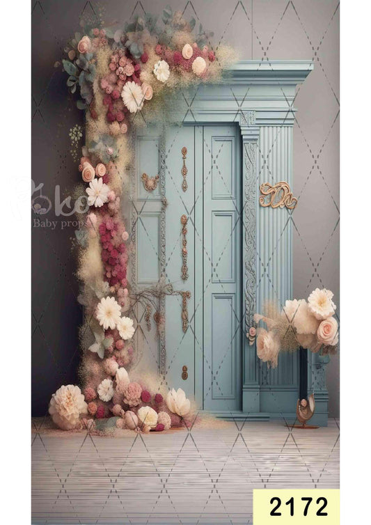Fabric backdrop-Peach Floral With Blue Door Backdrop