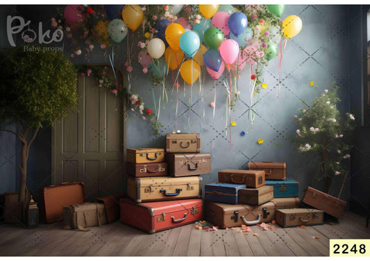 Fabric backdrop-Balloons With Vintage Suitcase Backdrop