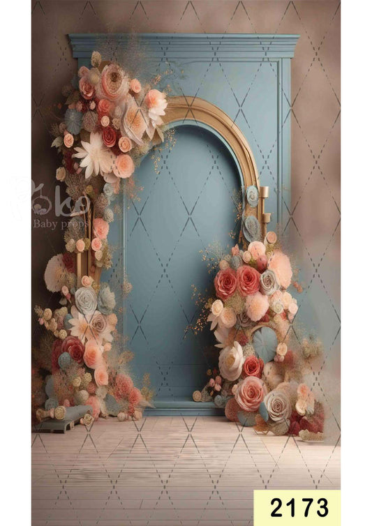 Fabric backdrop-Peach Color Floral With Blue Backdrop