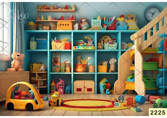Blue Shelf Full Of Toys With Staircase Backdrop
