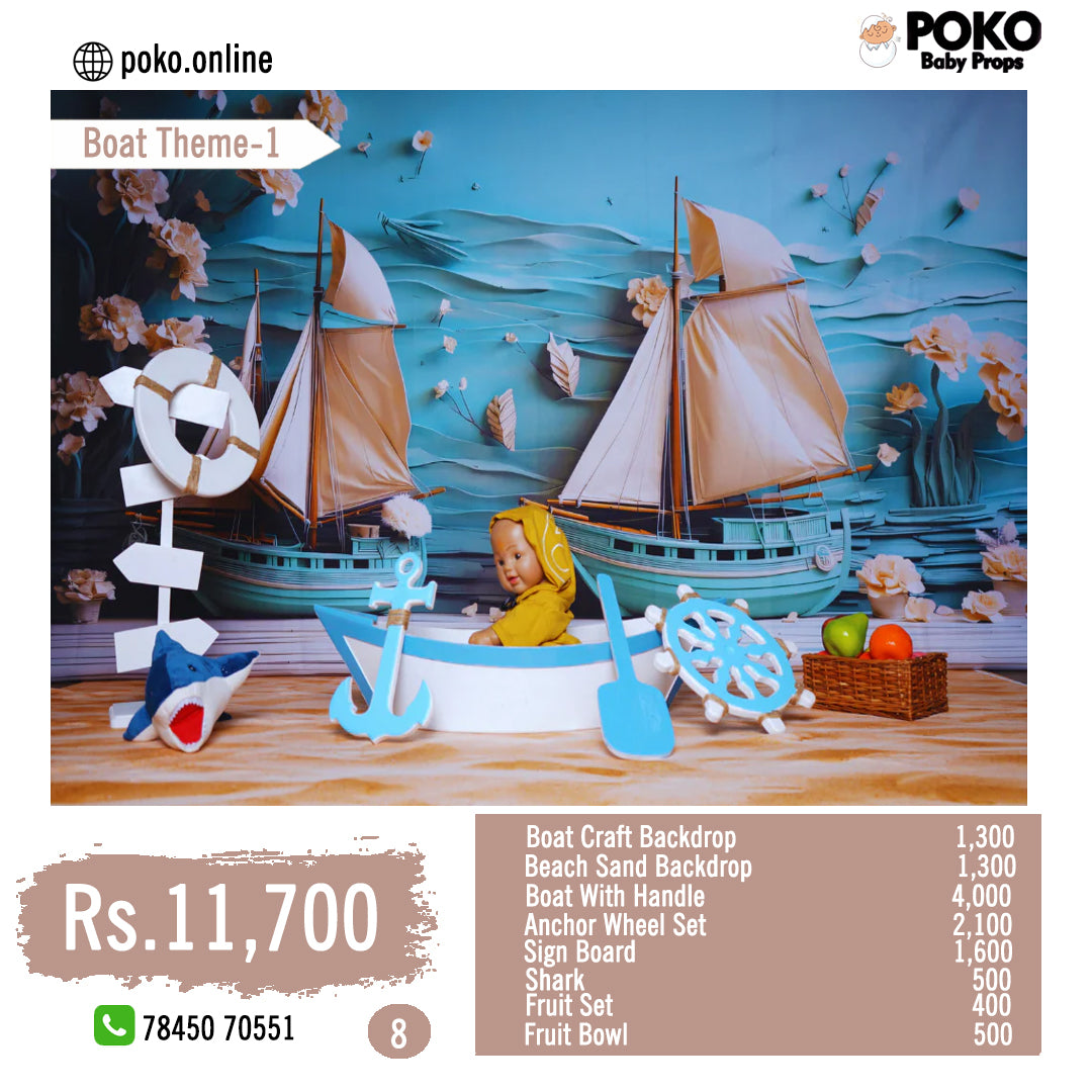 The central focus is a white and blue baby-sized wooden rowboat.
