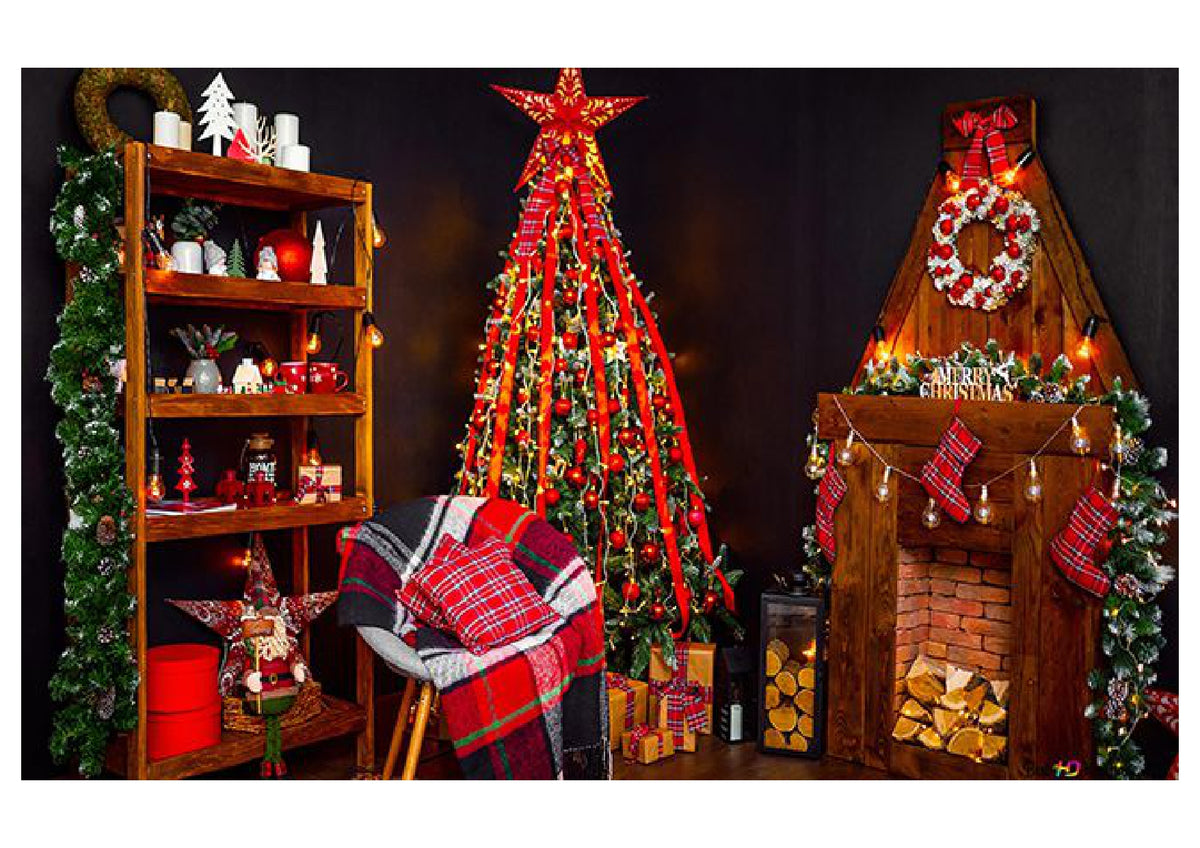 Christmas Red Fireplace Backdrop