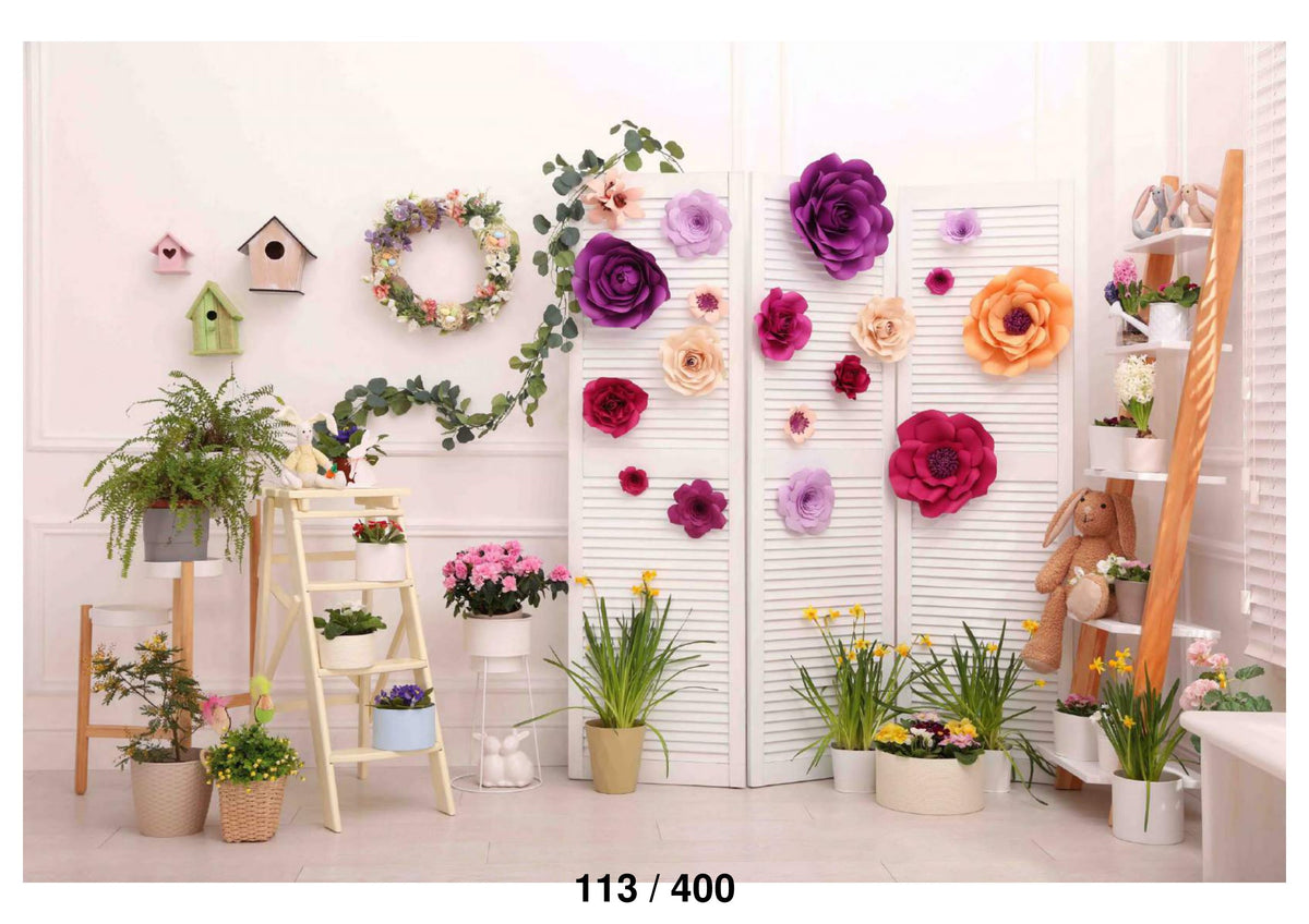 Easter plants and paper flowers indoors Backdrop