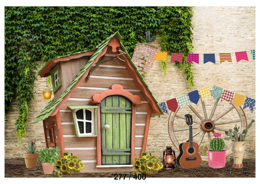 Fabric backdrop-Garden House Wheel Board Cabin Brick Wall Backdrop