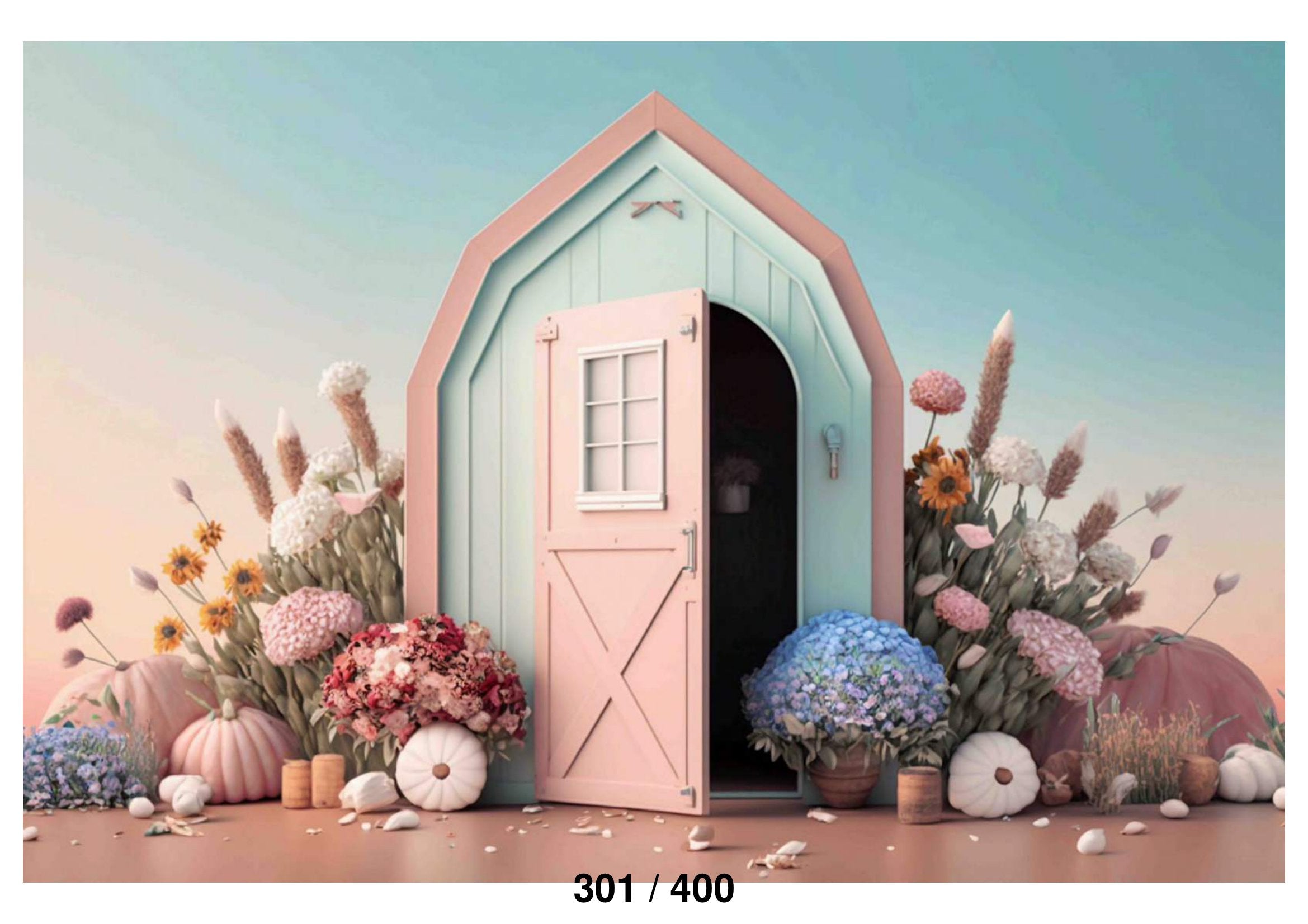 Pink Door With House Flowers Backdrop