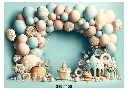 Cakes With Snacks Food Items Balloons Backdrop