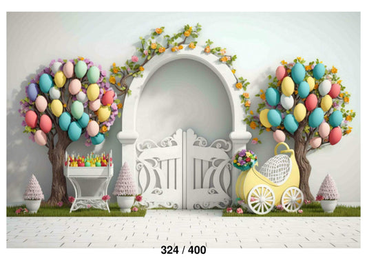 Fabric Backdrop-Garden Trees With Decoration Balloons Backdrop