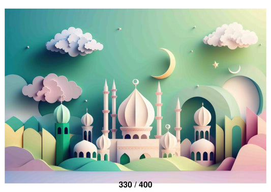 Fabric Backdrop-Green With Pink Mosque Backdrop