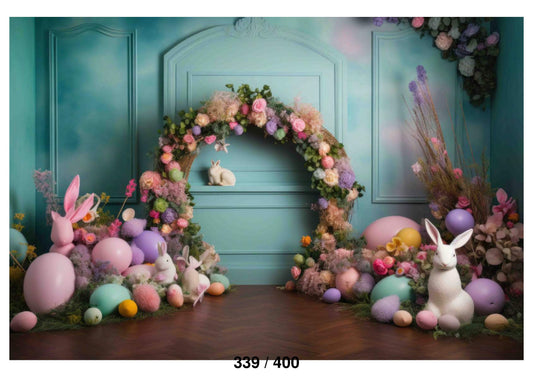 Fabric Backdrop- Eggs Bunny And Wreath Backdrop