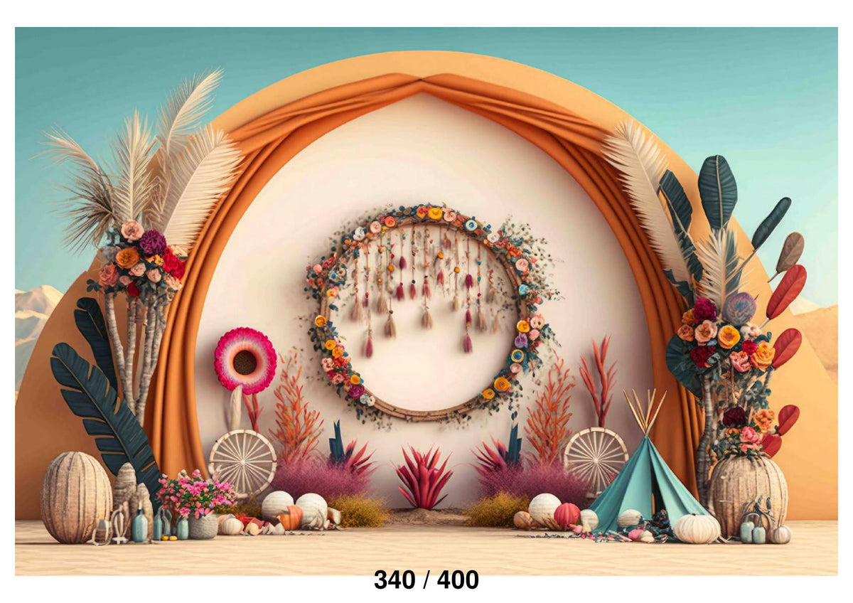 An Indian tent Decorated with Flowers And Feathers Backdrop