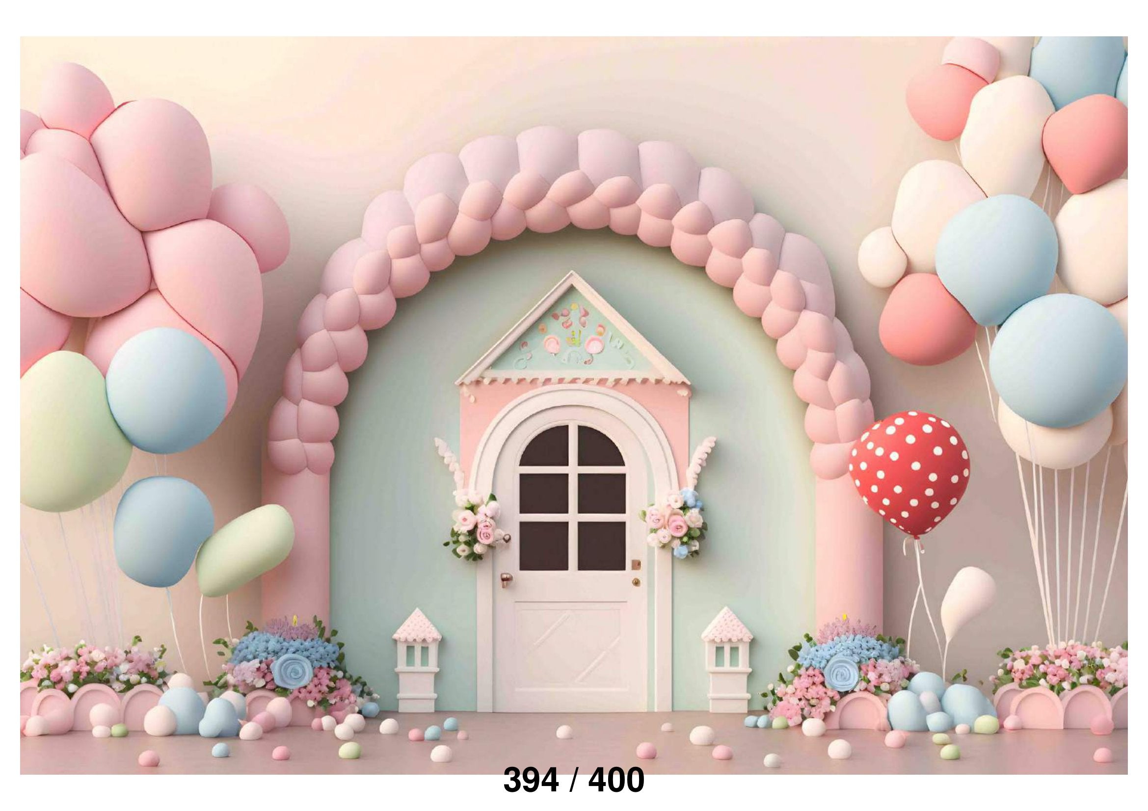 Easter House With Balloons Backdrop