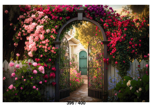 A Secret Garden Hidden Behind Trellis Covered In Vibrant Pink Roses Backdrop
