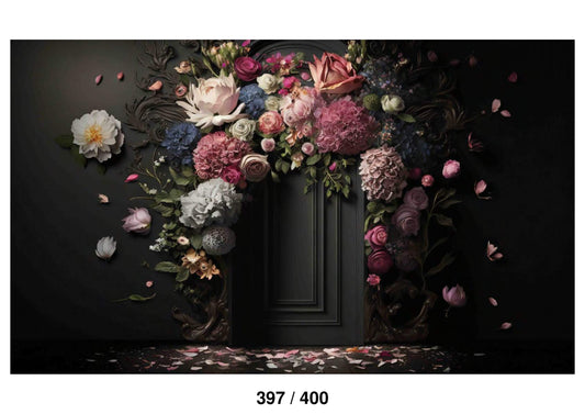 Fabric Backdrop-Brown Door With Flower Decoration Backdrop