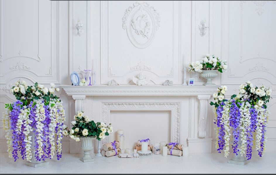 Violet And White Flowers Wall-Fabric Backdrop