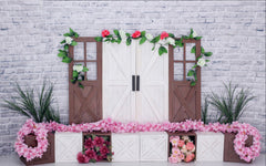 Artifical Wooden Doors With Flowers Backdrop-Fabric Backdrop