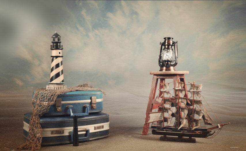 Lighthouse With Lamp Boat Backdrop-Fabric Backdrop