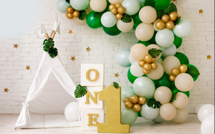 Green Balloon Birthday Backdrop-Fabric Backdrop