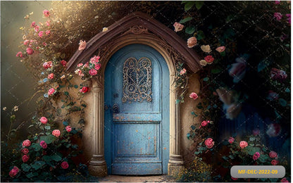 Door With Roses Flowers Backdrop-Fabric Backdrop