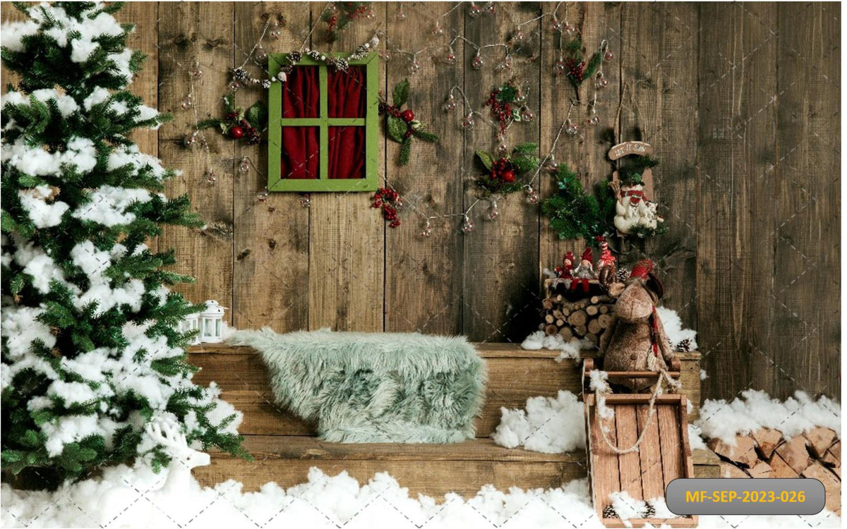Christmas step snow brown theme-Fabric Backdrop