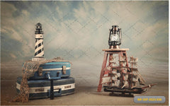 Lighthouse With Lamp Boat Backdrop-Fabric Backdrop