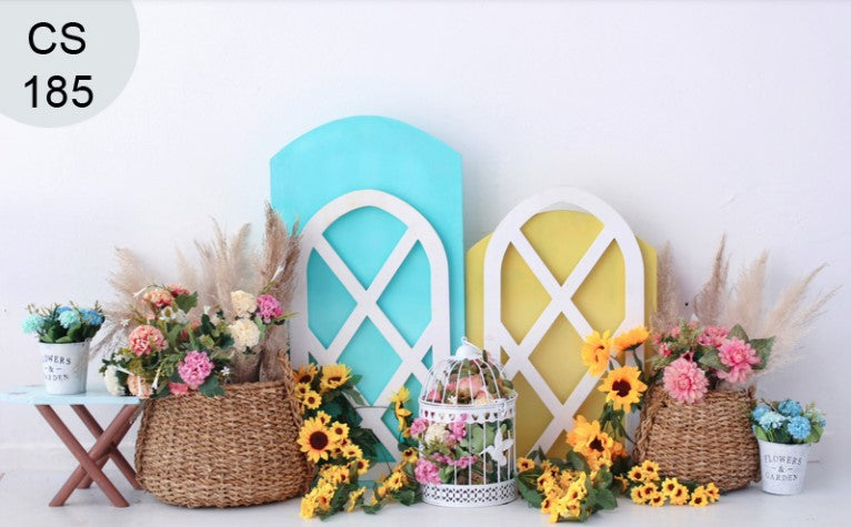 Blue And Yellow Door with Flowers Backdrop-Fabric Backdrop