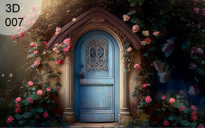 Door With Roses Flowers Backdrop-Fabric Backdrop