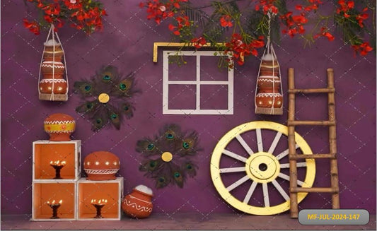 Red Flower and Wheel With Purple Backdrop