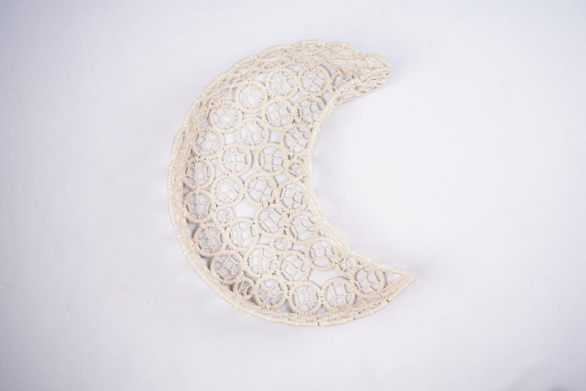 Handmade macrame crescent moon baby photoshoot prop for newborn and toddler photography