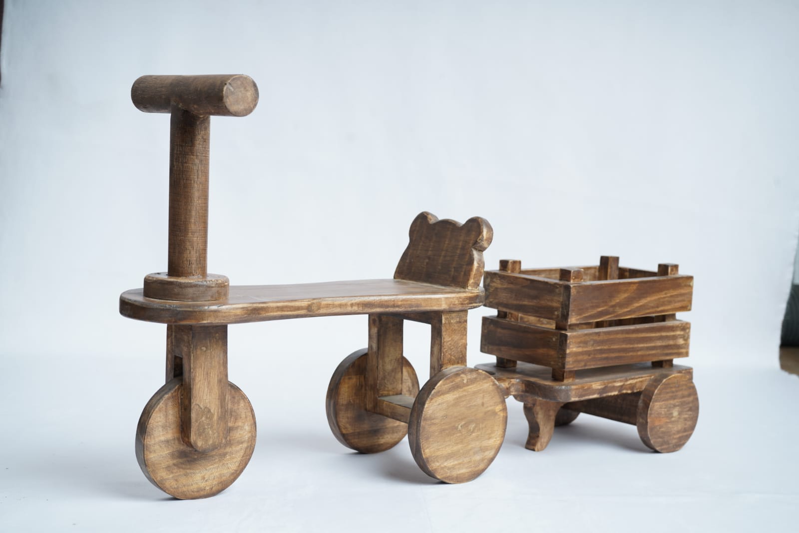 Wooden tricycle baby photography prop with wagon.
