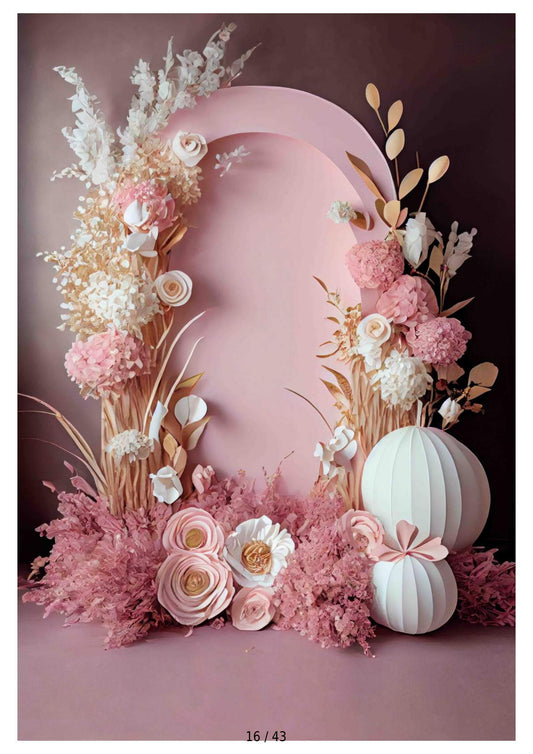 Fabric backdrop-Pink Color Flower With Balloon Backdrop