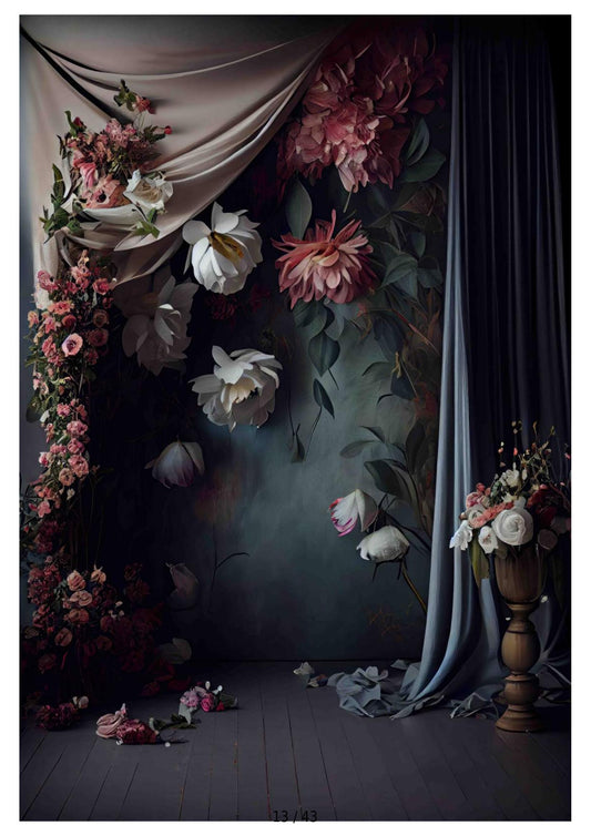 Fabric backdrop- Dark vintage with silk curtains and flowers